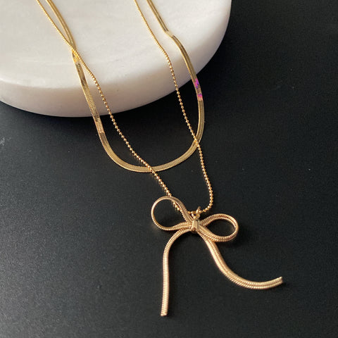 Layered Necklace: Herringbone Chain + Bow