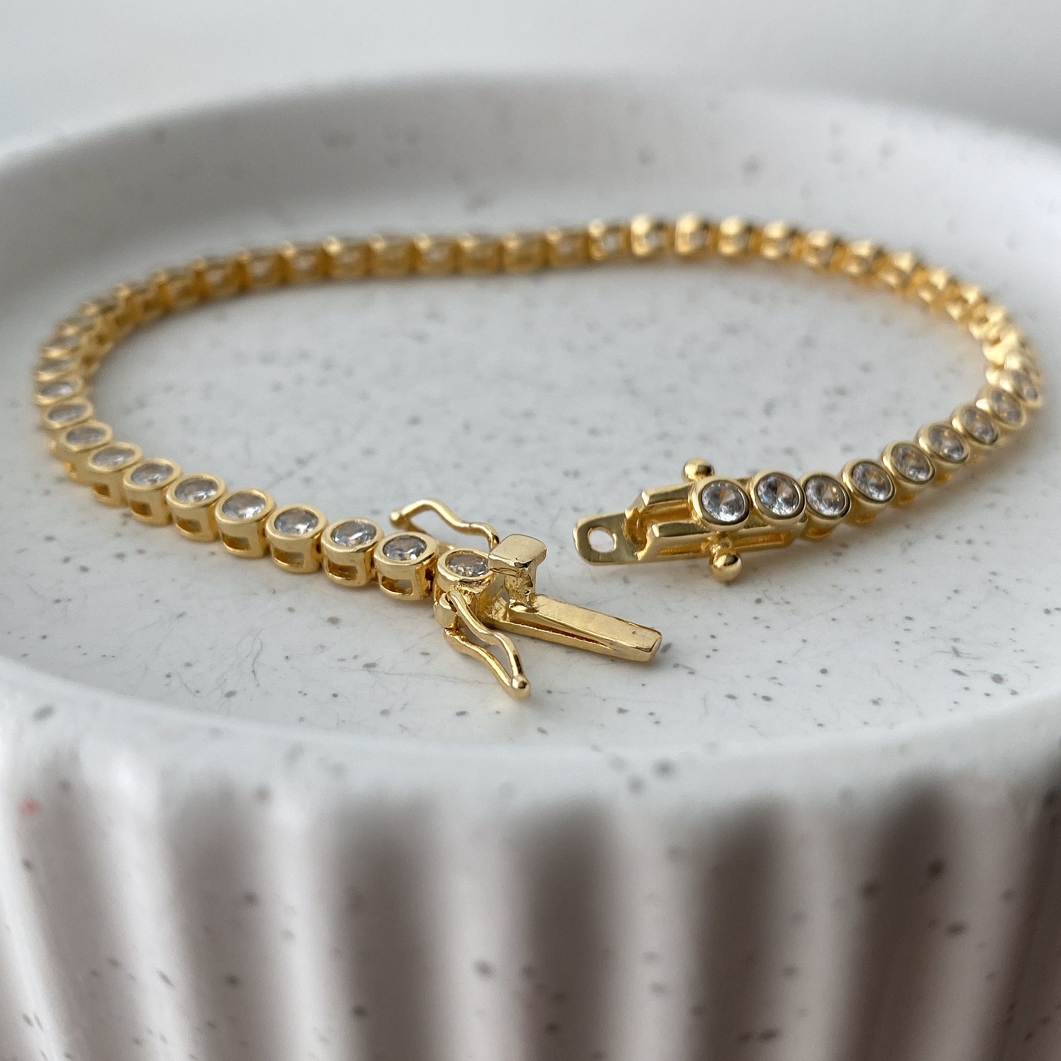 Bezel Set Tennis Bracelet – 18k Gold Plated, CZ Sparkle