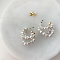 Three Row Pearl Hoop Earrings