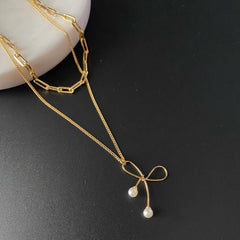 Layered Necklace: Paperclip Chain + Pearl Bow
