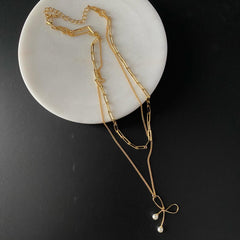 Layered Necklace: Paperclip Chain + Pearl Bow