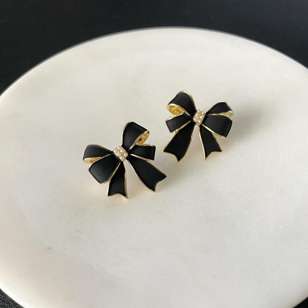Romantic Black Enamel Bow Earrings