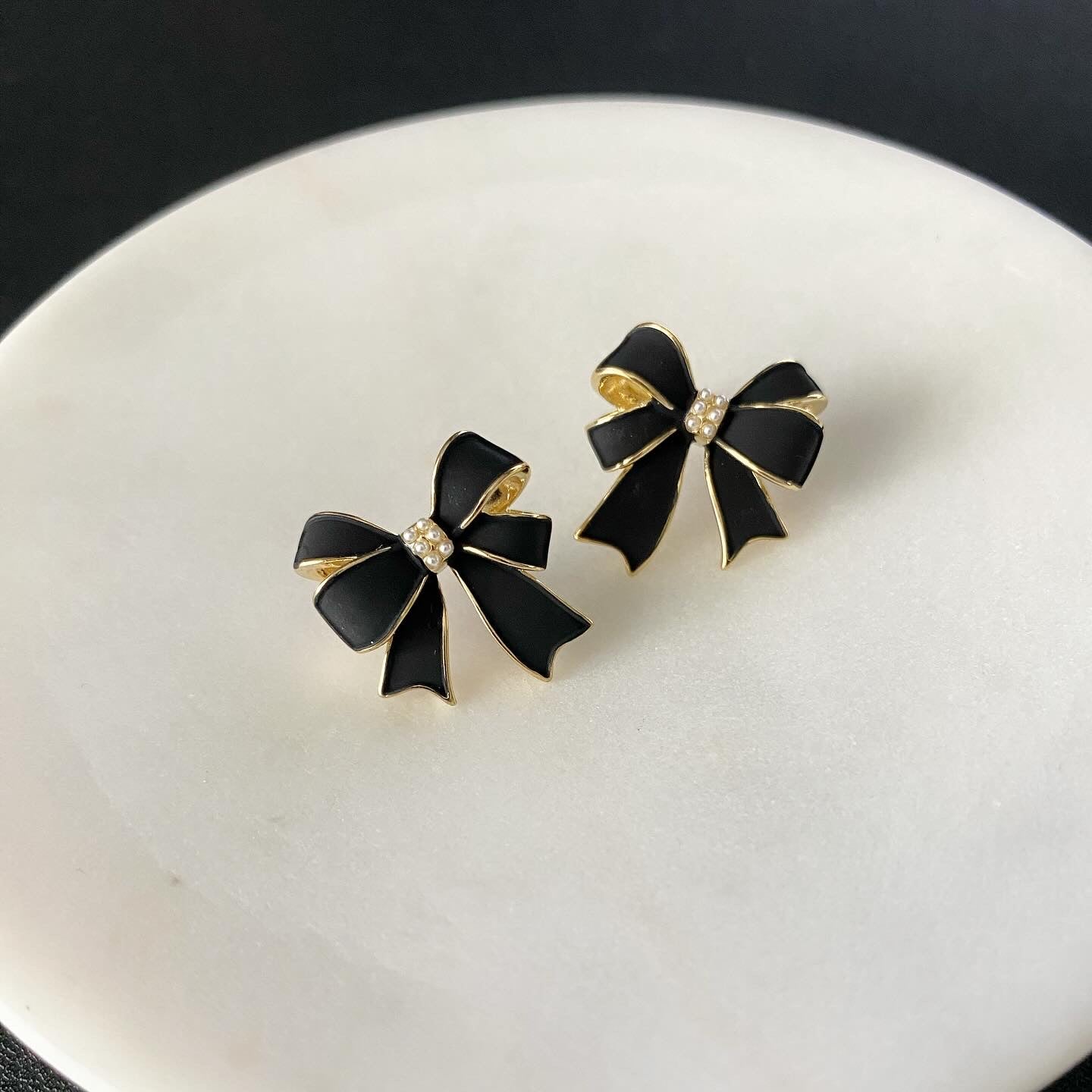 Romantic Black Enamel Bow Earrings