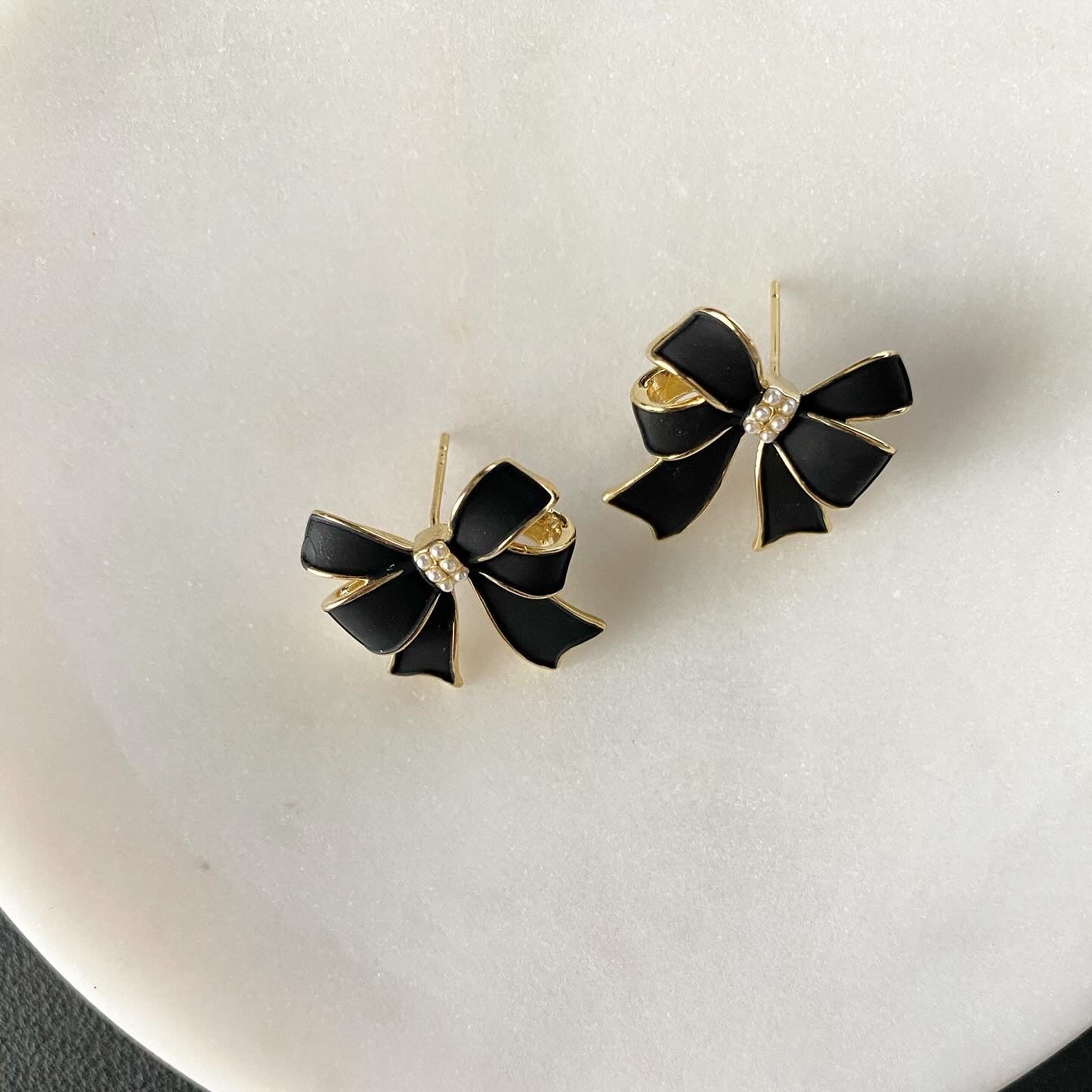 Romantic Black Enamel Bow Earrings
