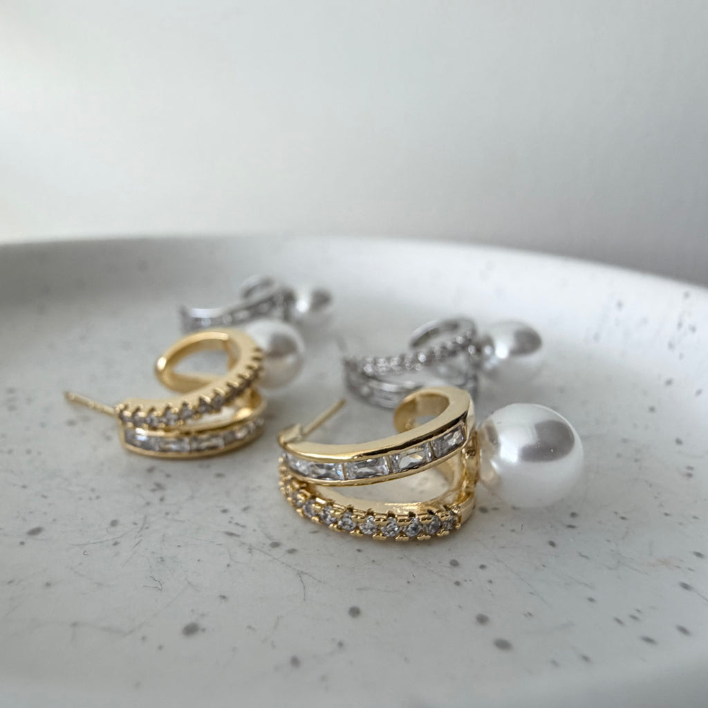 Modern Pearl Drop Hoop Earrings