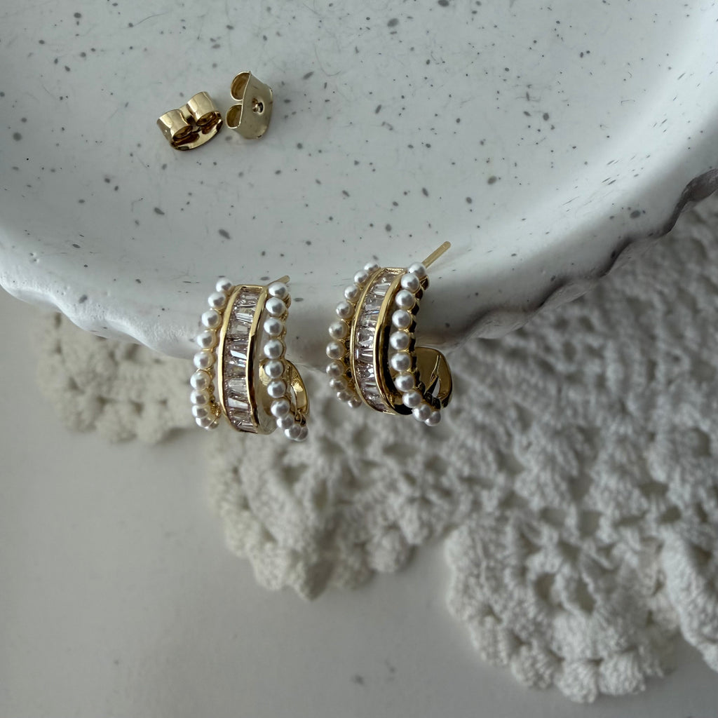 Pearl Baguette Huggie Earrings
