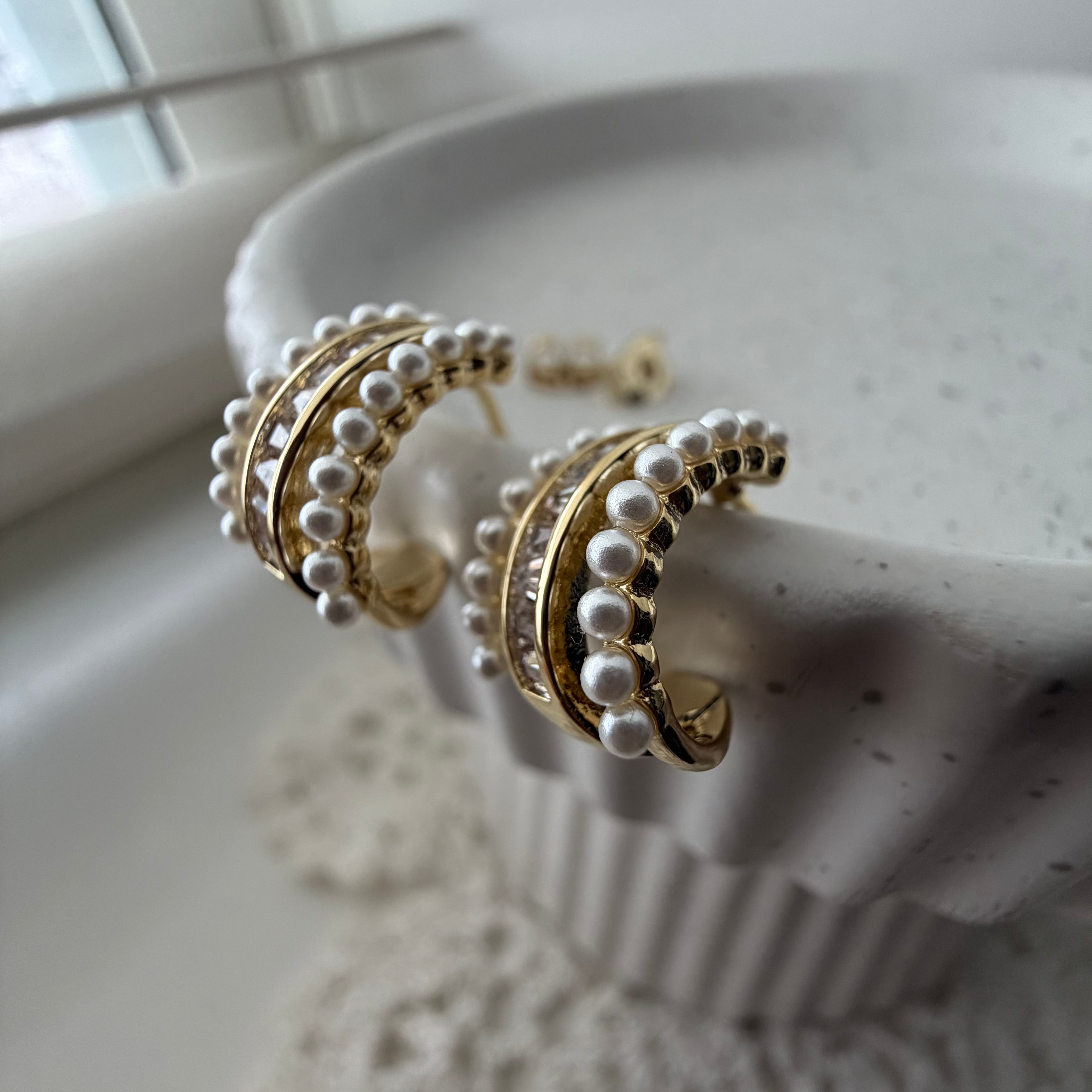 Pearl Baguette Huggie Earrings