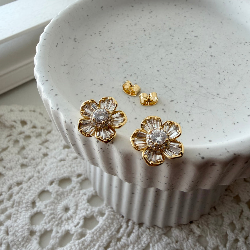 Golden Baguette Flower Earrings