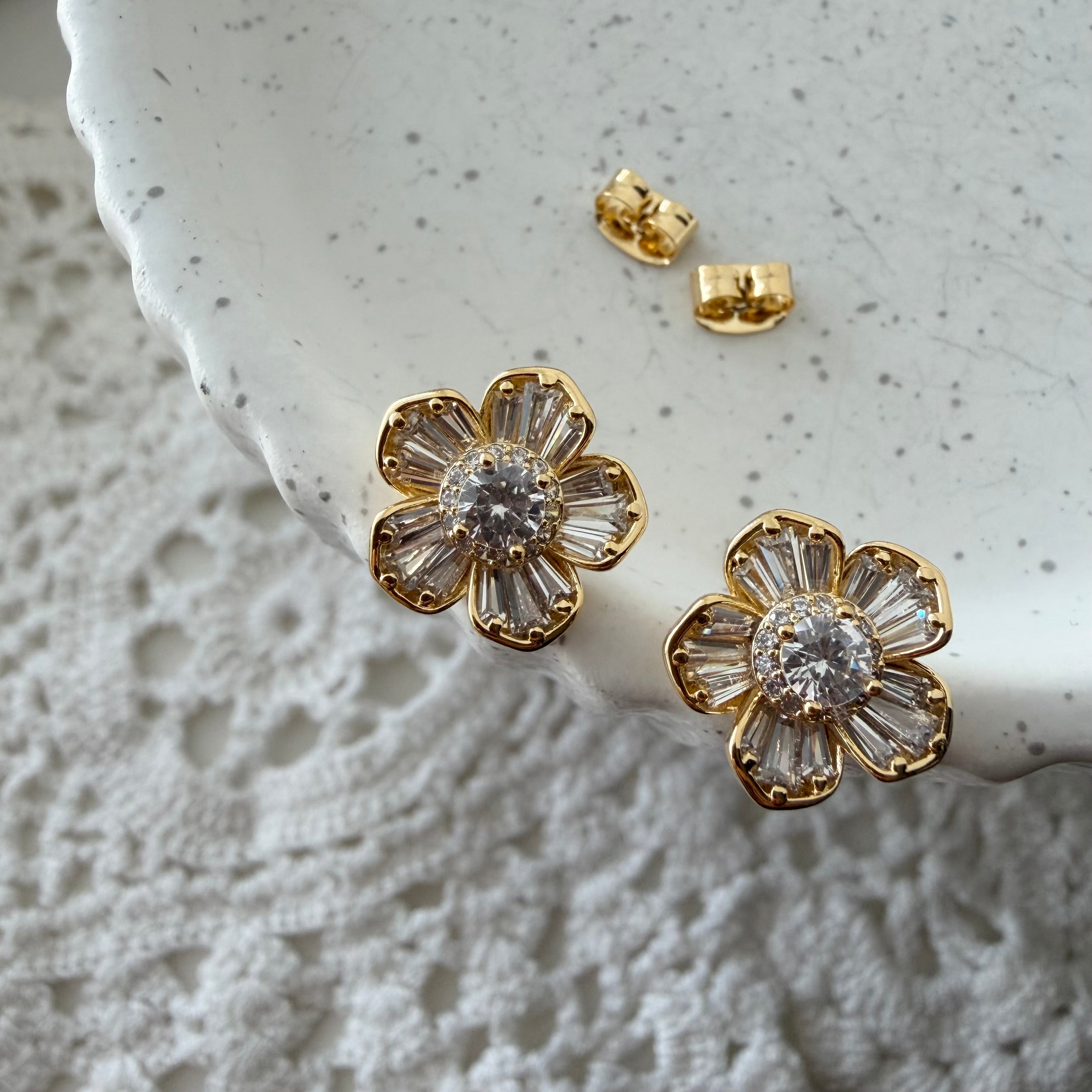 Golden Baguette Flower Earrings
