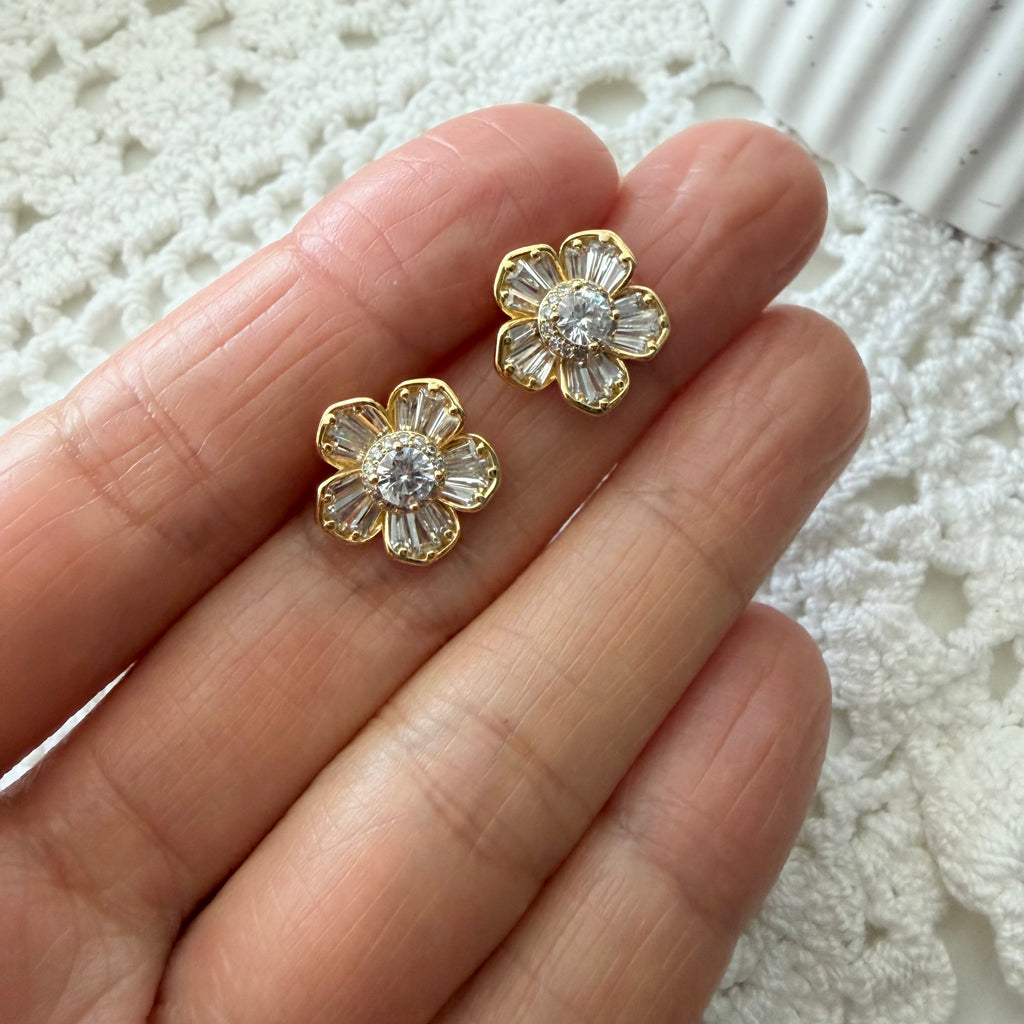 Golden Baguette Flower Earrings