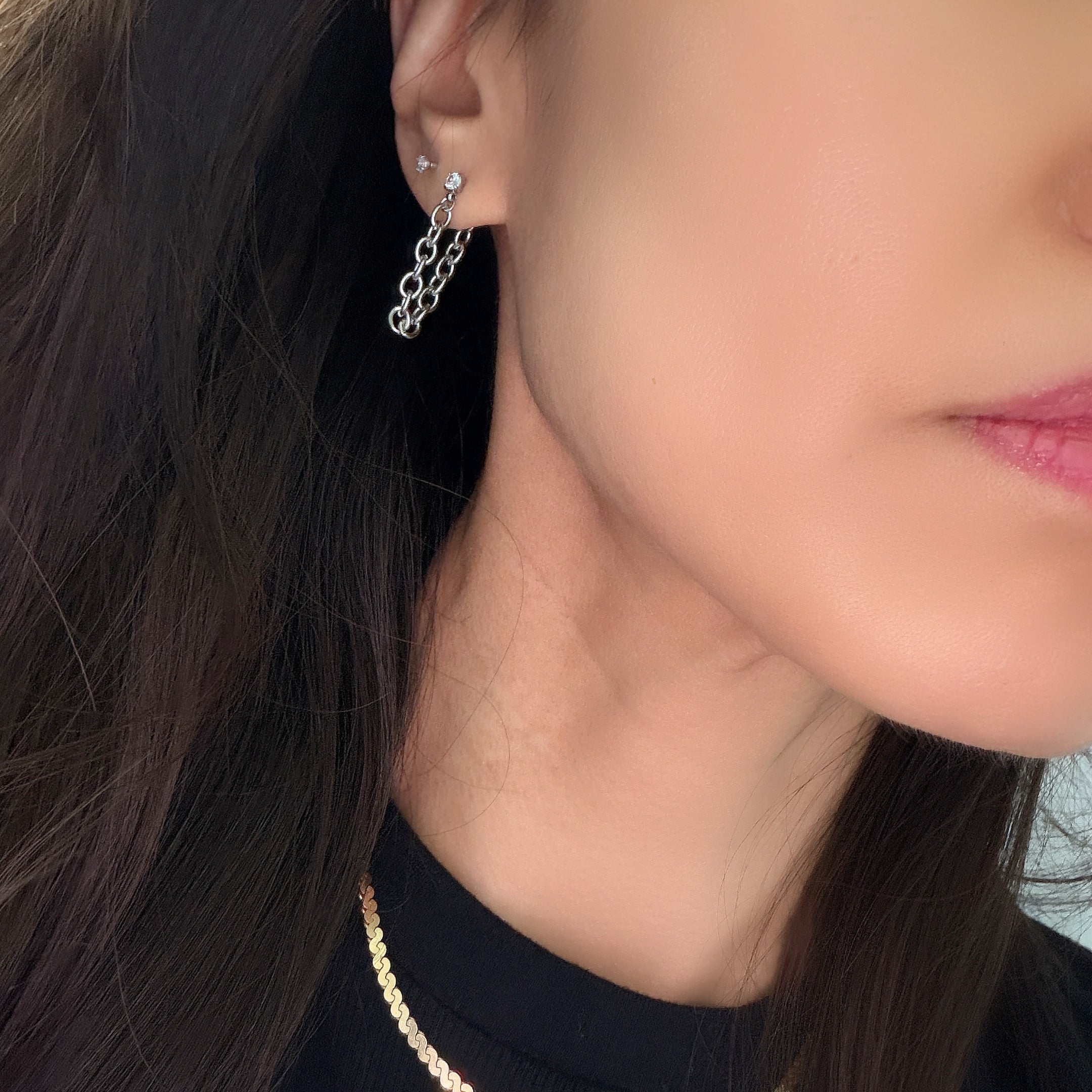Diamond Stud Chain Connection Earrings