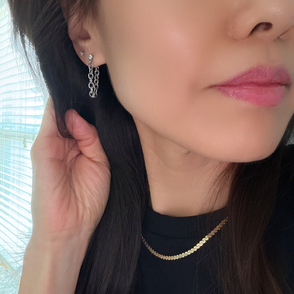 Diamond Stud Chain Connection Earrings