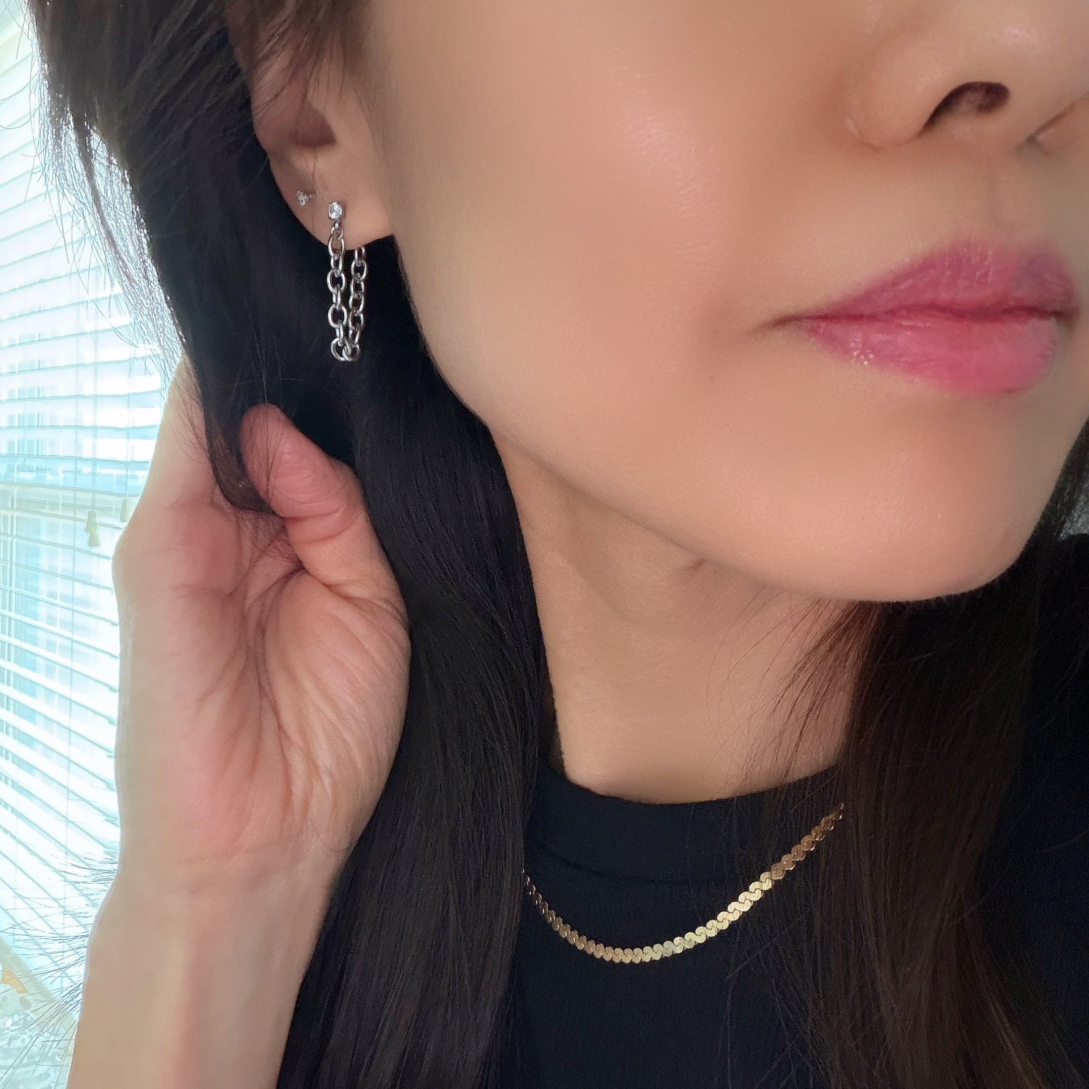 Diamond Stud Chain Connection Earrings