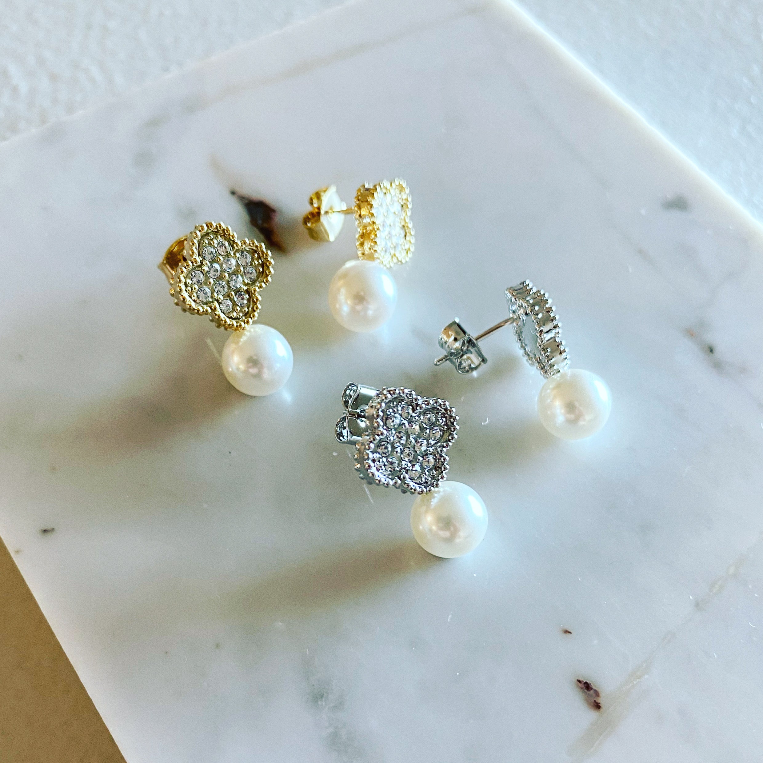 Clover Leaf Pavé Pearl Earrings